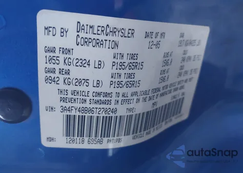 2006 Chrysler Pt Cruiser z USA, uszkodzony, nr VIN 3A4FY48B06T270240